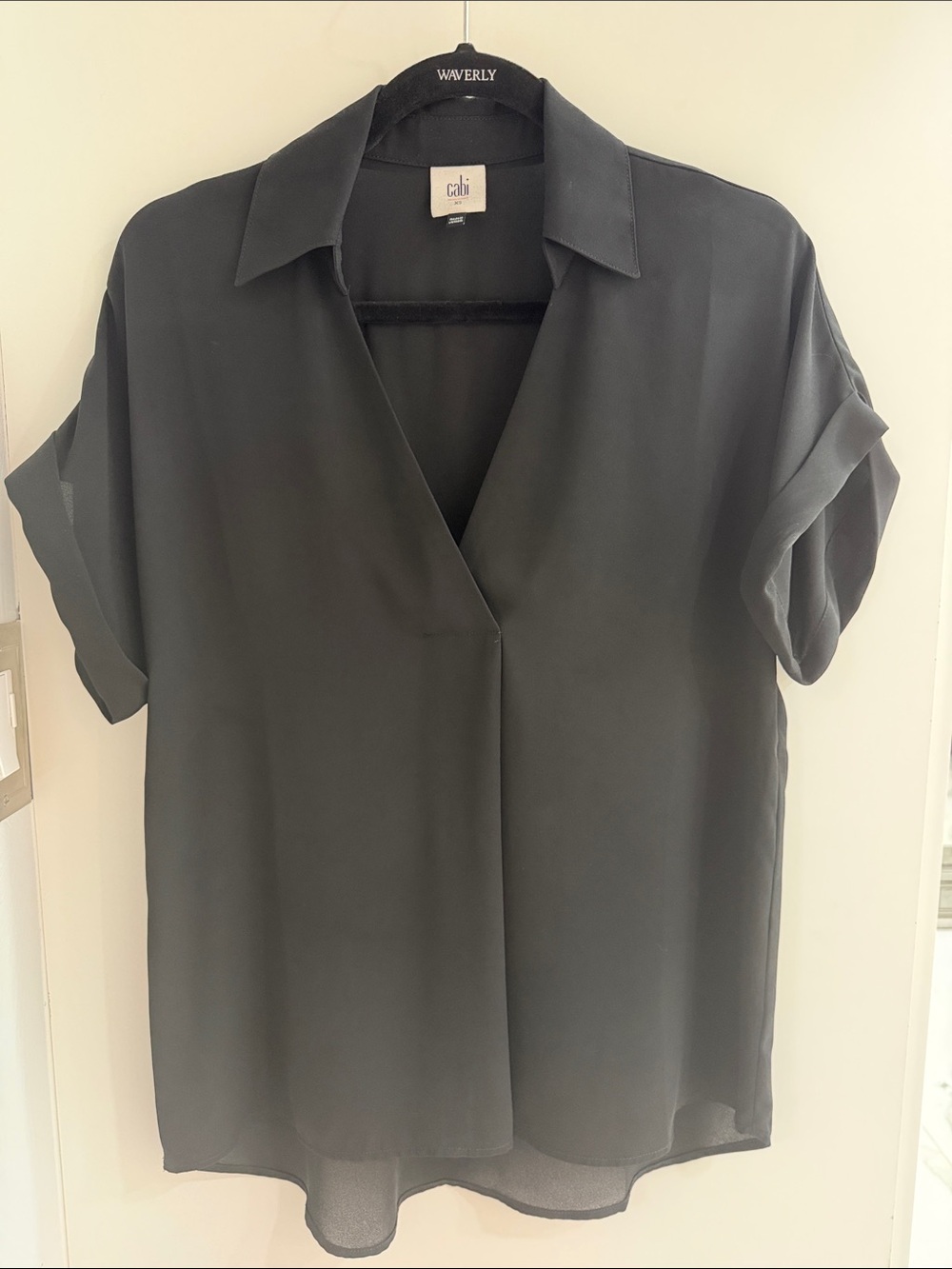 CAbi Black Draped V-Neck Short Sleeve Blouse